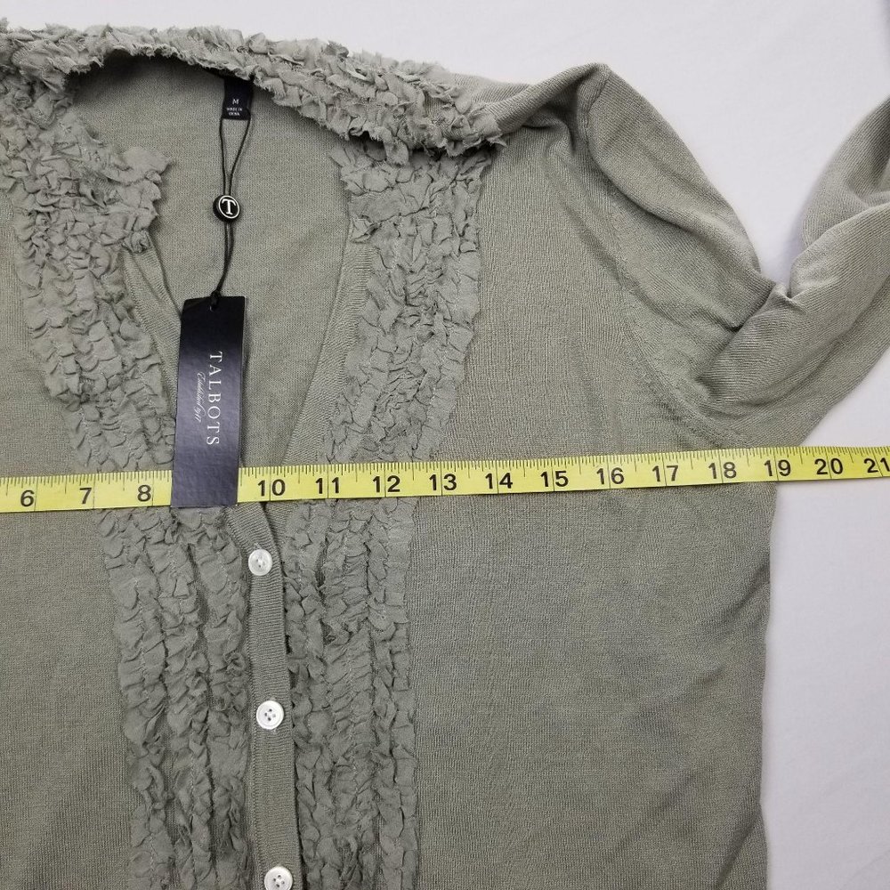 Talbots Olive Ruffle Trim Cardigan Sweater Sage Green Grey Sz Medium NEW NWOT - Picture 5 of 10